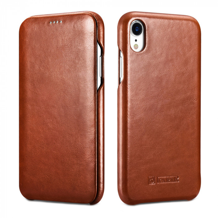 Husa iPhone XR, iCarer Vintage Curved, din piele, tip carte cu clapeta curbata, culoare Maro coniac