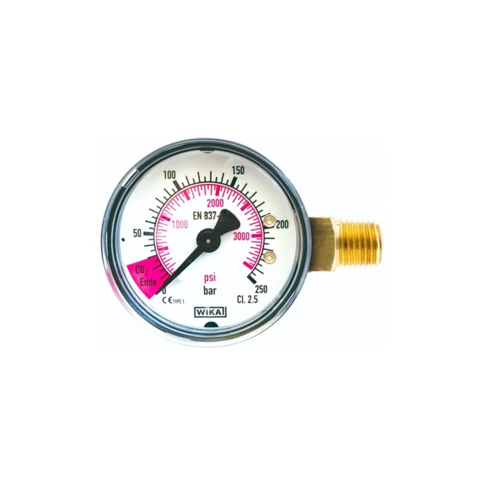 Inhaltsmanometer mit roten Bereich f&uuml;r CO2-Ende, 1/4&quot; AG