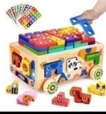 Centru de Activitati Camion din Lemn de tras cu Sortator Geometric pe coloane si forme animale, +3 ani, 2-4 ani, Unisex, Oem