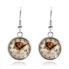 Cercei, stil cabochon, smalţ, imaginea unui ceas, trandafiri, inscripţie in engleză
