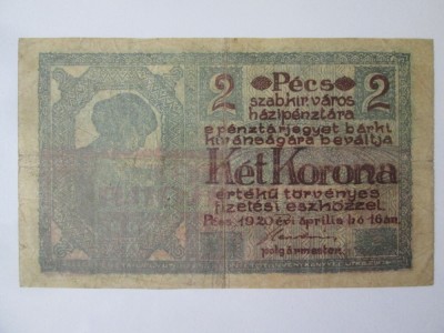 Rara! Ungaria 2 Korona 1920 Pecs foto