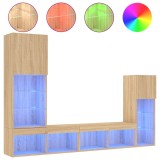 Cumpara ieftin Unitati de perete TV cu LED-uri, 4 piese, stejar sonoma, lemn