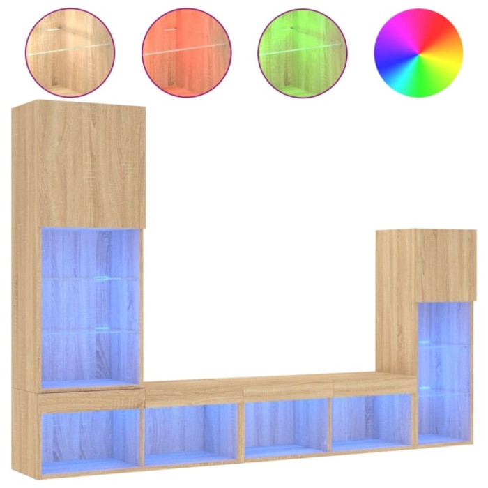 Unitati de perete TV cu LED-uri, 4 piese, stejar sonoma, lemn
