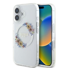 Husa iPhone 16 Plus originala Guess IML Flowers Wreath MagSafe, transparenta, GUHMP16MHFWFCT foto