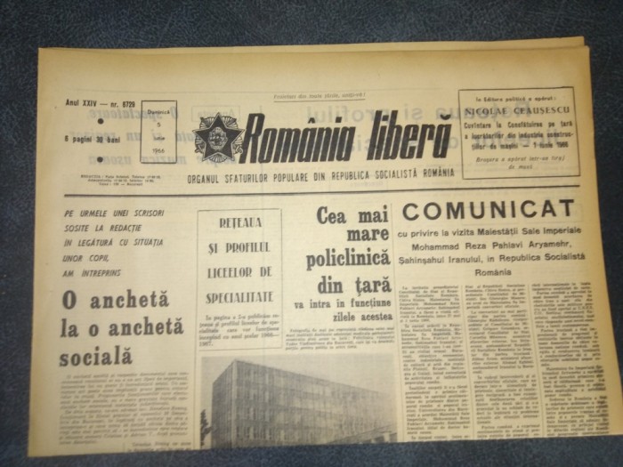 ZIARUL ROMANIA LIBERA 5 IUNIE 1966 VIZITA SAHULUI IRANULUI
