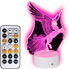 Lampa de veghe 3D LED cu telecomanda Unicorn cu aripi, 7 culori, 23cm foto