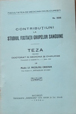 Contributiuni la studiul fixitatii grupelor de sange - Nicolau Cristea (1930) foto
