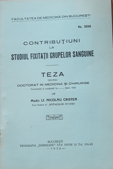Contributiuni la studiul fixitatii grupelor de sange - Nicolau Cristea (1930)