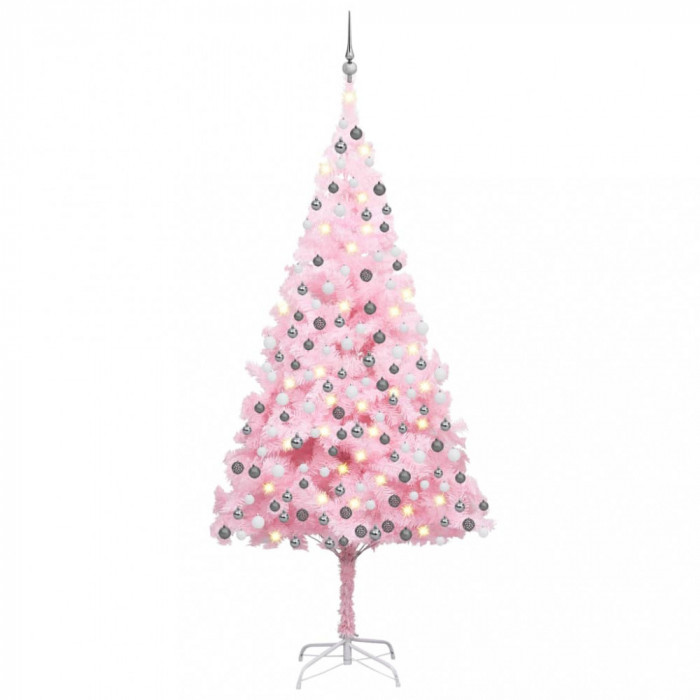 vidaXL Brad Crăciun pre-iluminat cu set globuri, roz, 240 cm, PVC