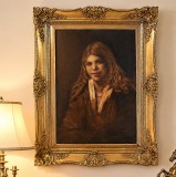 Ulei pe p&acirc;nză portret antic clasic de t&acirc;năr cu păr lung și haina blană, rama deosebita lata din lemn masiv Baroc
