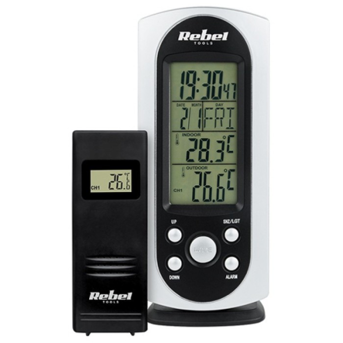 Statie meteo Rebel cu senzor pentru exterior, ora, data, temperatura, alarma, amanare automata a alarmei