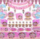 Set Petrecere LOL Surprise 128 Piese: 10 Copii, Fata Masa, Pahare, Farfurii, Coifuri, Roz