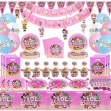 Set 128 piese vesela petrecere LOL Surprise pentru 10 copii, stegulete decorative, fata de masa, paie, coifuri, servetele, pahare, farfurii, paie, lin