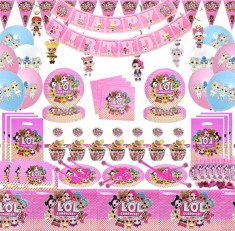 Set 128 piese vesela petrecere LOL Surprise pentru 10 copii, stegulete decorative, fata de masa, paie, coifuri, servetele, pahare, farfurii, paie, lin