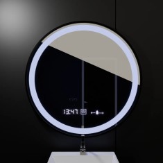Oglinda LED Senzor MotionGlow Pavel cu Dezaburire, Termometru si Ceas Rama Negru Periat Rotunda Diametru 60 cm Lumina Rece Calda Neutra Dimabila