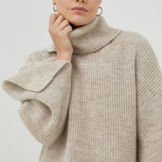 Herskind pulover de lana femei, culoarea bej, călduros, cu guler
