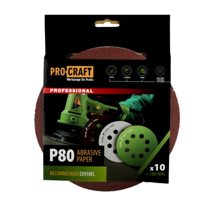 Disc abraziv pentru slefuitor cu excentric KD180.80 PROCRAFT (Set 10 buc) Diametru: 180 mm Granulatie: P80 Innovative ReliableTools