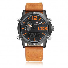 Ceas de mana barbatesc Naviforce Piele Digital Analog Quartz Cronometru Maro