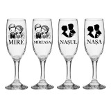 Set pahare Sampanie din sticla, personalizate, Miri si Nasi, pentru nunta, model 4