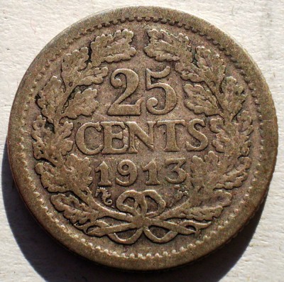 F.274 OLANDA WILHELMINA I 25 CENTS 1913 ARGINT 3,43g RARA foto