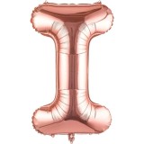 Balon folie metalizata litera i, flippy, 100 cm, umflati cu heliu sau aer, ambalaj individual, pai inclus, rose gold
