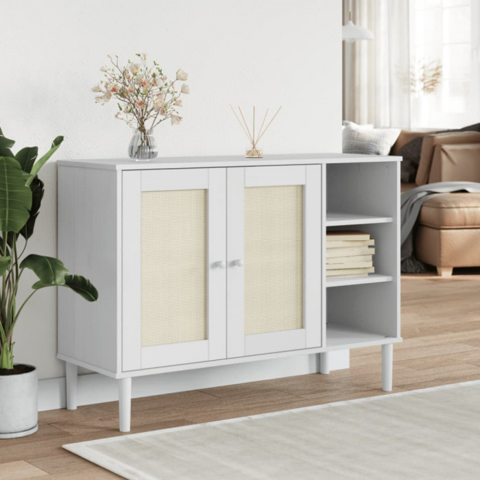 Gossi servanta senja, aspect ratan alb, 112x40x80 cm, lemn masiv pin