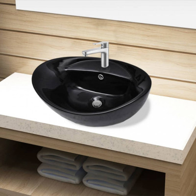 Bazin chiuvetă ceramică baie cu gaură robinet/preaplin, oval, negru foto