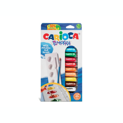 Acuarele tempera Carioca 12 culori 10 ml cu tăviță și pensulă foto