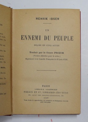 UN ENNEMI DU PEUPLE - DRAME EN CINQ ACTES par HENRIK IBSEN , 1928 foto