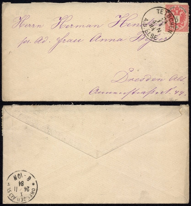 Austria 1884 Postal History Rare Cover Tetschen to Dresden Germany DB.232