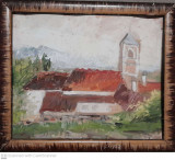 Pictura Peisaj cu biserica, interbelic, Anatolie Cudinoff (1910-1978), 36x30 cm, Peisaje, Tempera, Realism