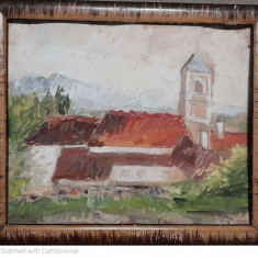 Pictura Peisaj cu biserica, interbelic, Anatolie Cudinoff (1910-1978), 36x30 cm