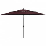 Umbrelă de soare 3 niveluri, st&acirc;lp aluminiu, roșu bordo, 3,5 m, vidaXL