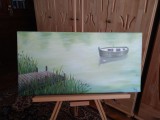Tablou de dimensiuni mari peisaj lac cu barca, Peisaje, Acrilic, Realism