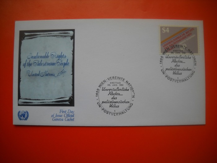 HOPCT PLIC FDC S NR 187 ONU NATIUNILE UNITE-DREPTURILE POPORULUI DIN PALESTINA1981 -BIROUL VIENA