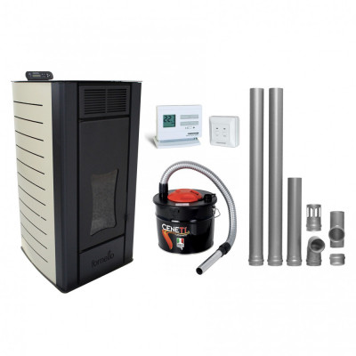 Pachet Termosemineu centrala pe peleti Fornello Premium W22, 25kw, culoare Ivory, complet echipat cu kit evacuare 2.5 ml, Termostat Radio Comanda Comp foto