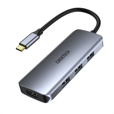 HUB USB-C - 1x HDMI, 3x USB 3.0, SD, PD 100W, Choetech M19, gri foto