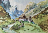 Cabana de sub munţi - acuarelă semnată, pictată pe ambele părţi