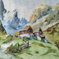 Cabana de sub munţi - acuarelă semnată, pictată pe ambele părţi