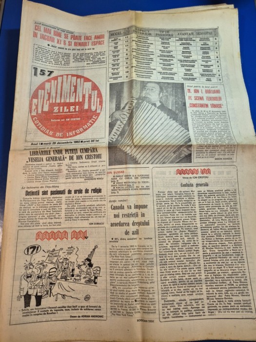 ziarul evenimentul zilei 29 decembrie 1992 - ion i. bratianu pe cenea teatrului constantin tanase