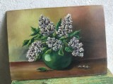 Pictura veche ulei pe carton panzat ( panza lipita pe carton ) natura statica cu flori in vaza !