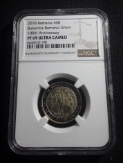 ROMANIA moneda 50 BANI 2018 unirea bucovinei necirculata UNC gradata NGC PF69
