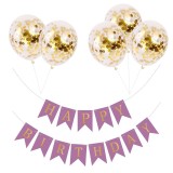 Set 5 Baloane Confetti Auriu + Banner Happy Birthday Mov - Decoratiuni Aniversare, Petrecere Copii/Adulti, Baloane Latex