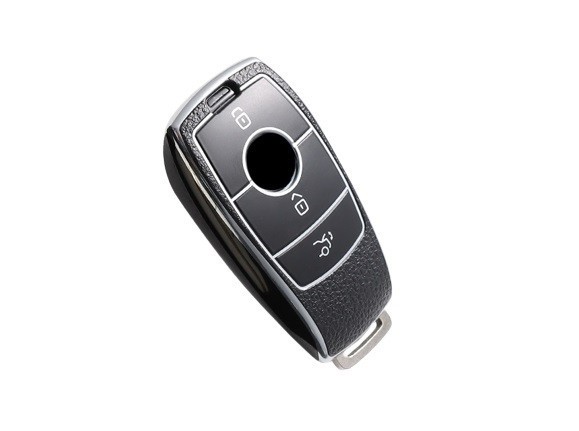 Husa de protectie premium pentru cheie auto, Elegance Luxury Cover Key, Neagra cu insertii piele compatibila
