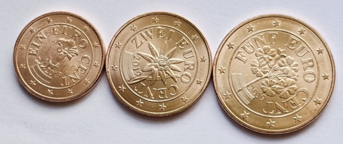 Set 3 monede 1, 2, 5 cents 2019 Austria, unc, km#3082-3084
