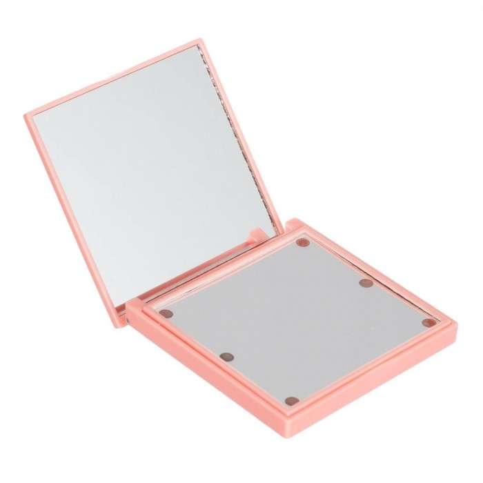 Oglindă De Voiaj Cu LED, Model BOSS LADY/NO FILTER BEAUTY, 6 LED-uri, 7x7 cm, Negru/Roz