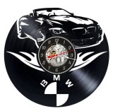 Ceas de perete decorativ realizat din disc de vinil, Model Masina BMW Cabriolet, Flacari Stilizate si Sigla BMW, Negru Premium, 30 cm