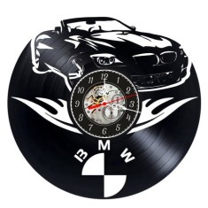 Ceas de perete decorativ realizat din disc de vinil, Model Masina BMW Cabriolet, Flacari Stilizate si Sigla BMW, Negru Premium, 30 cm