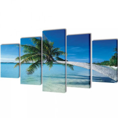 Set Tablouri Imprimate De P&acirc;nză Plajă Nisip Cu Palmier 100 x 50 cm 241560