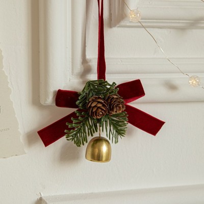 Ornament de Brad, Flippy, tip Funda de Craciun cu 1 Clopotel Auriu si Conuri de Brad, Panglica Rosie de Velvet, 10 x 10 cm, Rosu foto